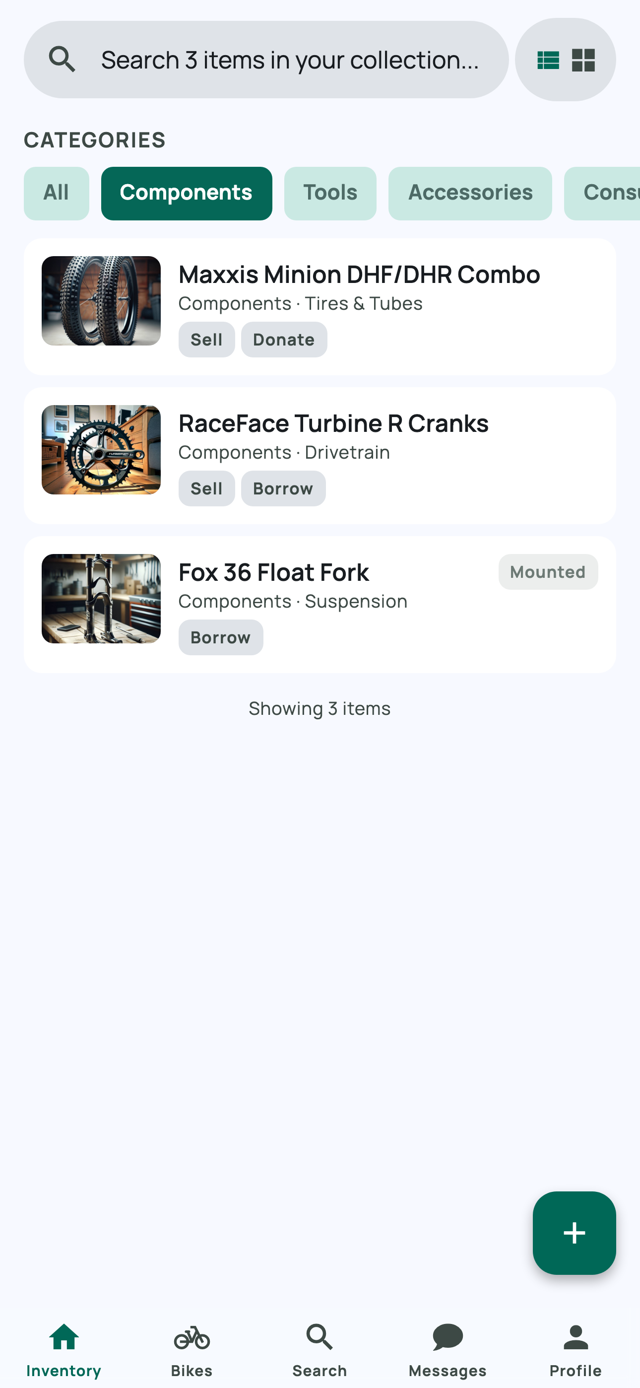 Bike Bin inventory list on a phone: search, categories, and parts.