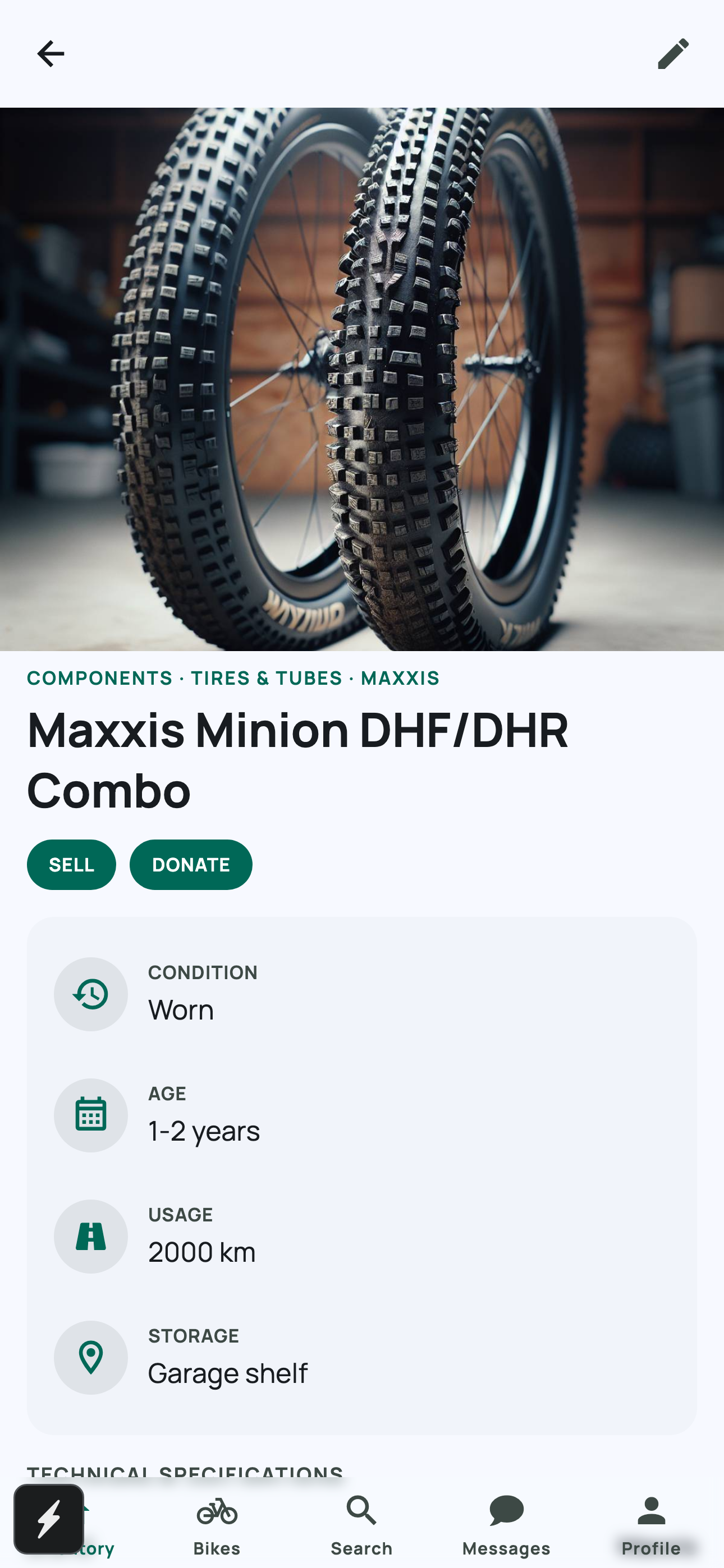 Bike Bin item detail on a phone: photos, condition, and metadata.