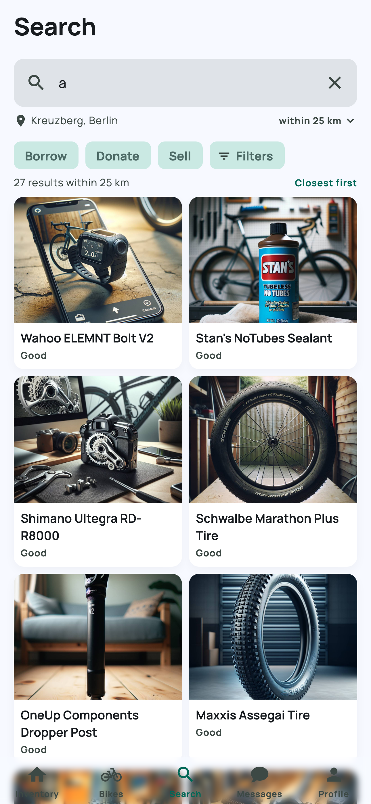 Bike Bin search results with distance on a phone.