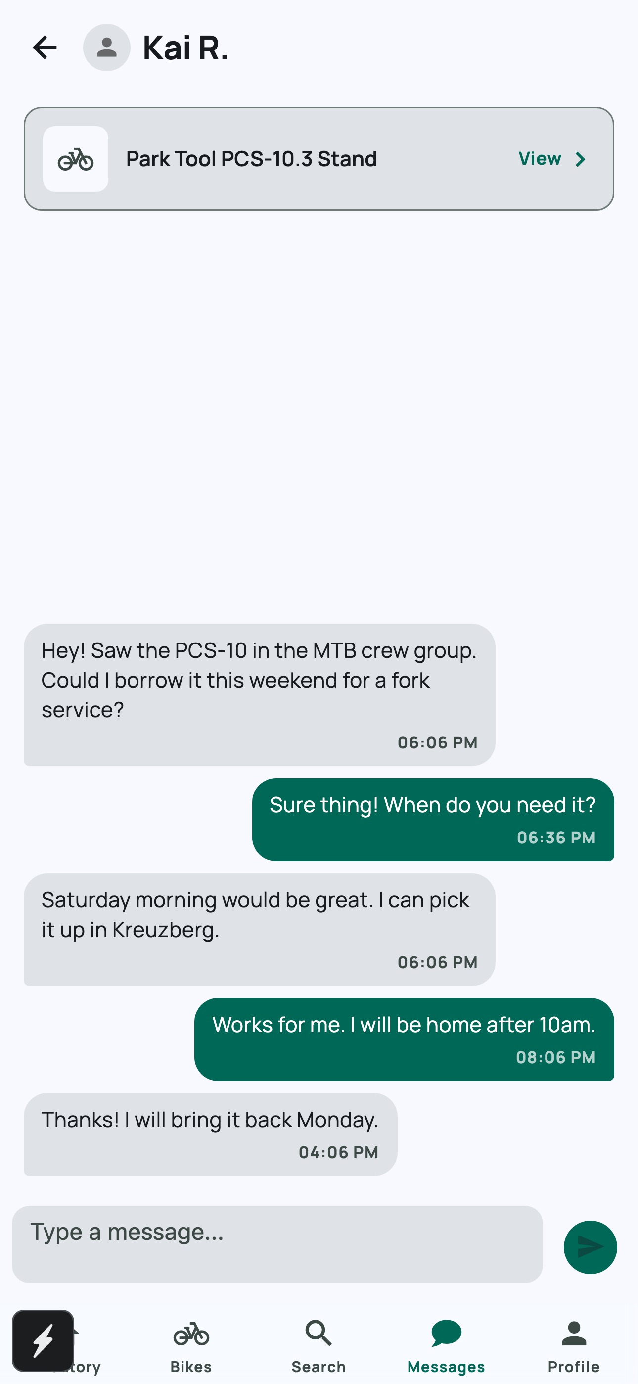 Bike Bin conversation thread on a phone.